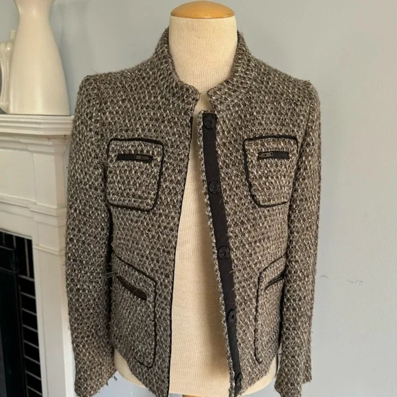 J.CREW metallic tweed & faux leather snap front blazer jacket tan cream black